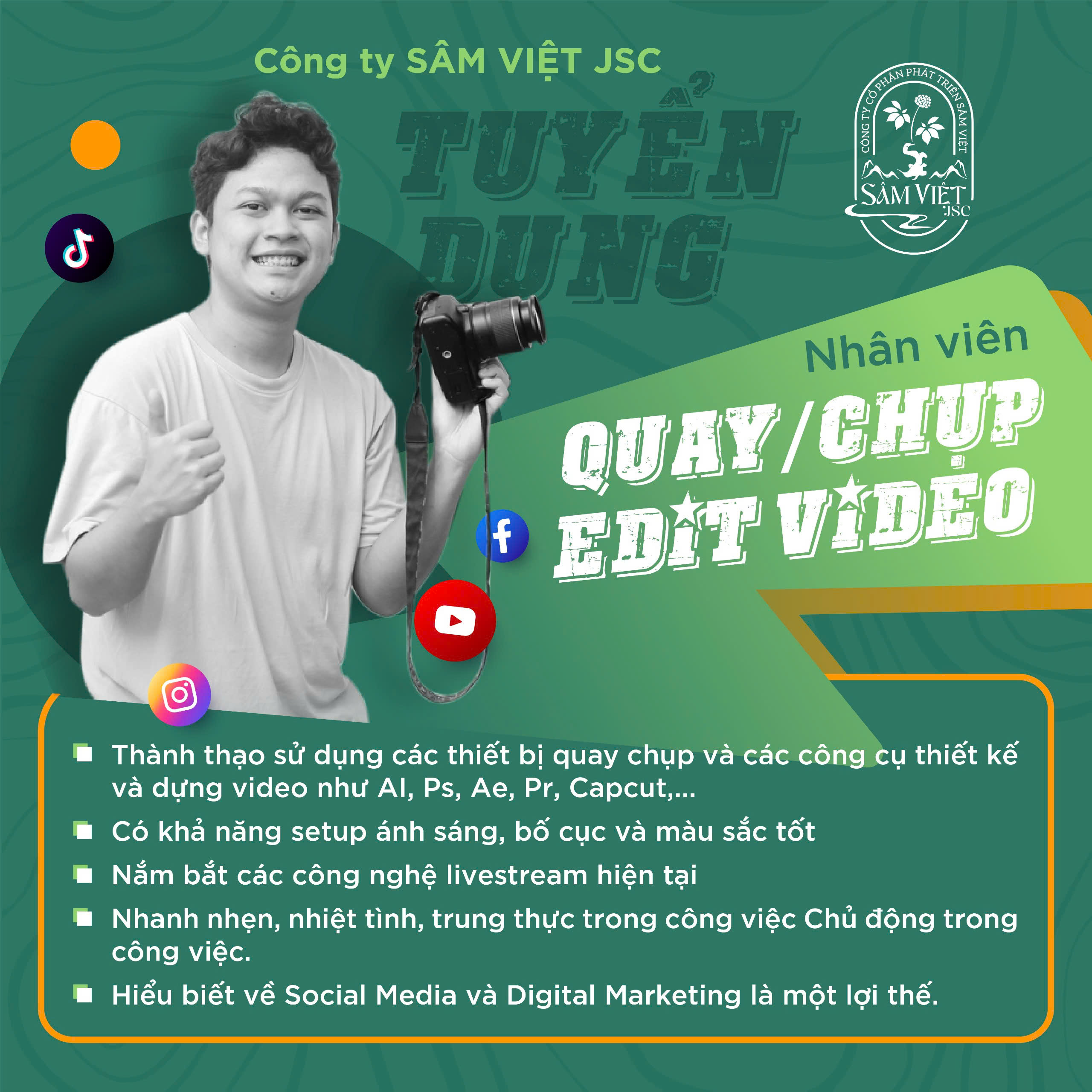 Sâm Việt JSC tuyển dụng nhân viên Quay, Chụp, Edit Video