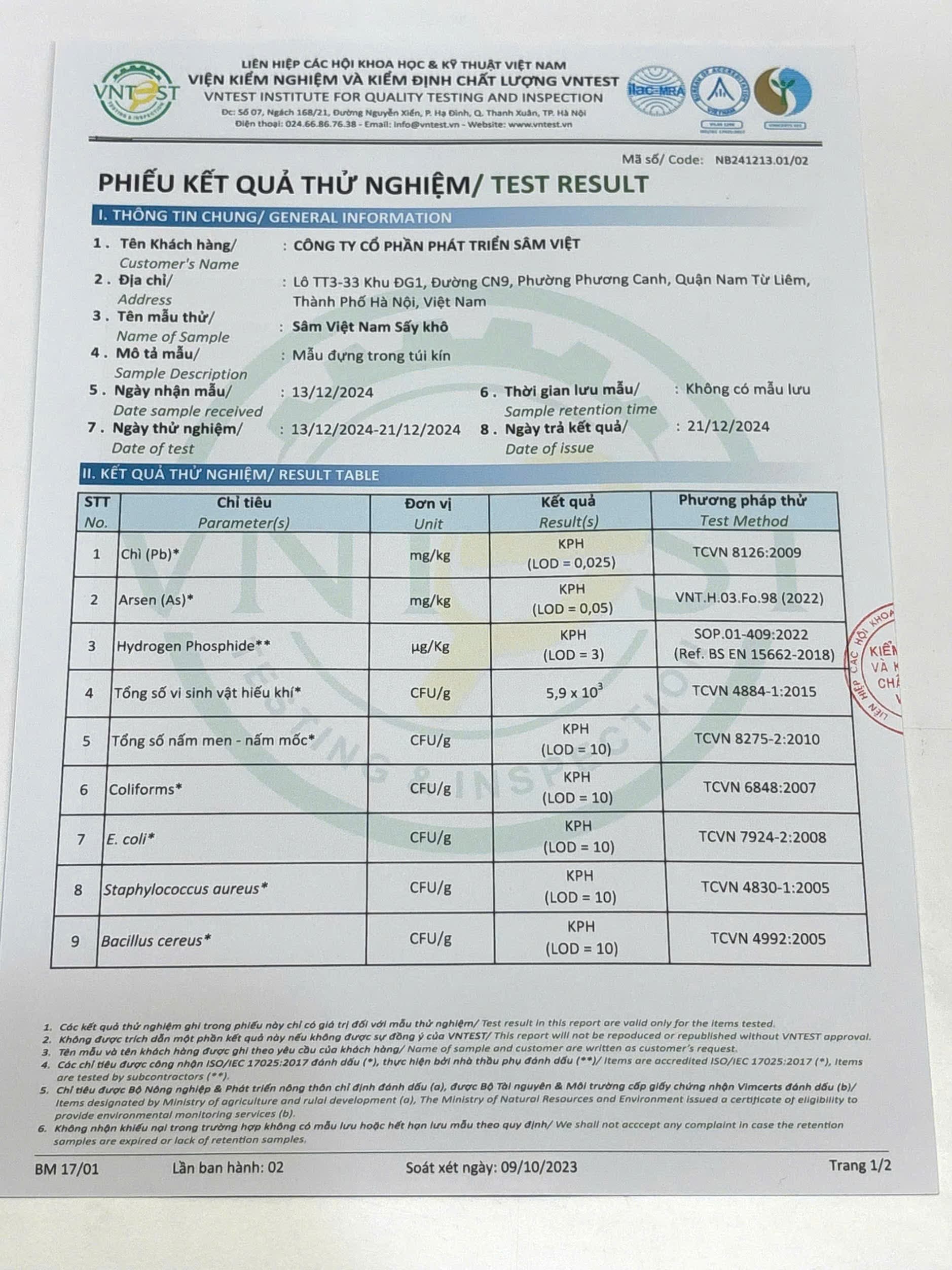 Phiếu kết quả thử nghiệm Sâm Việt Nam sấy khô