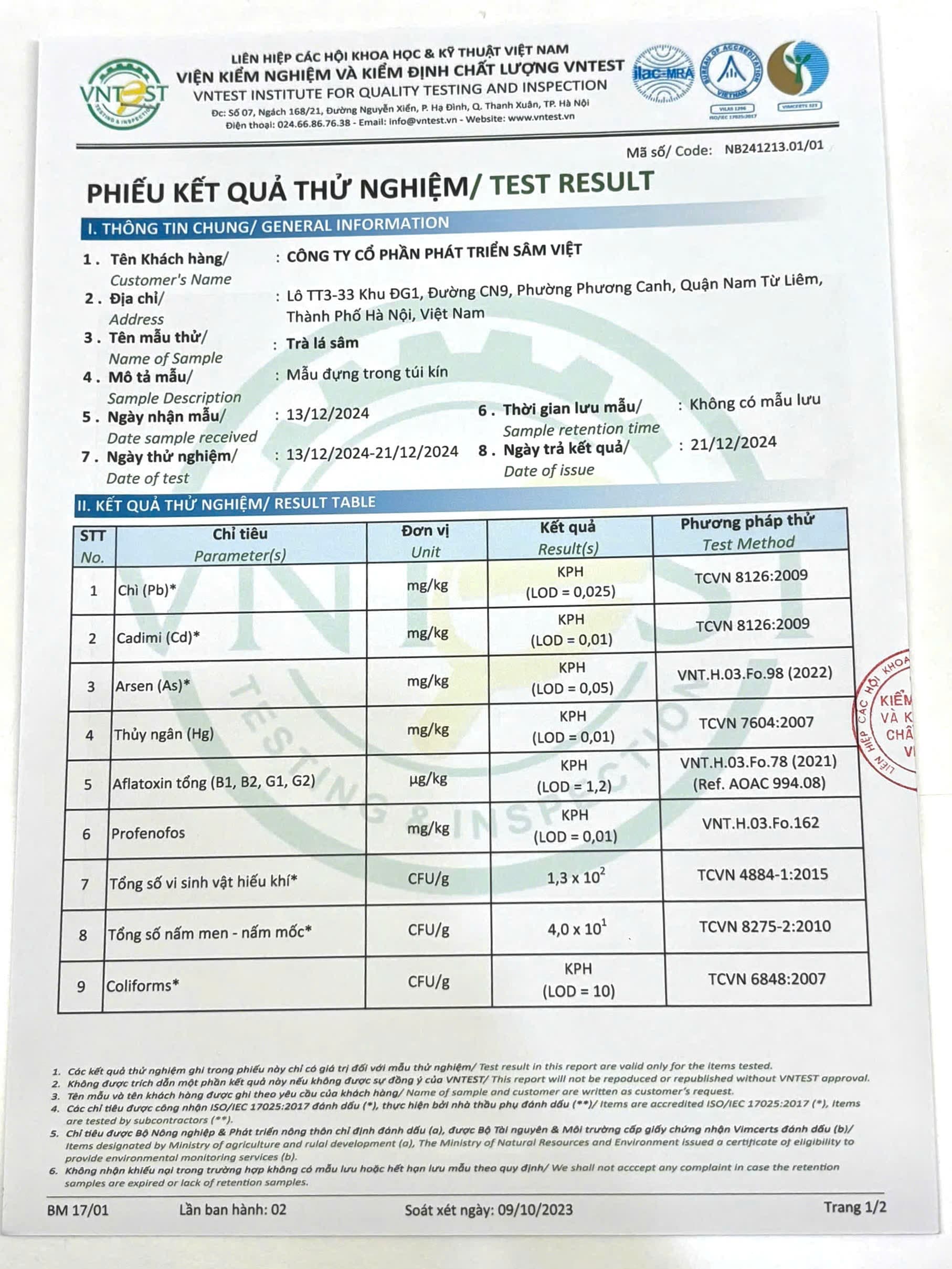 Phiếu kết quả thử nghiệm Trà lá Sâm Việt Nam